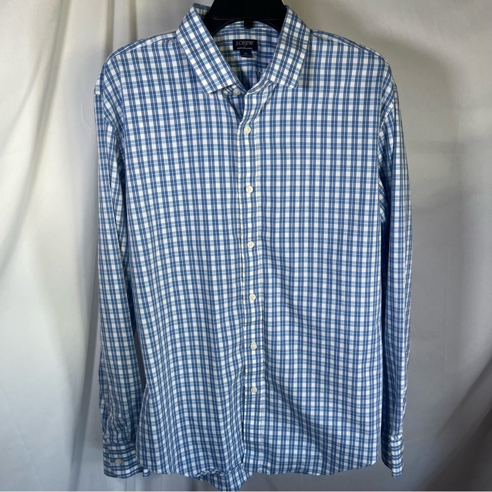 J. Crew Men's Performance Long Sleeve Plaid Shirt Light Blue XL Slim‎